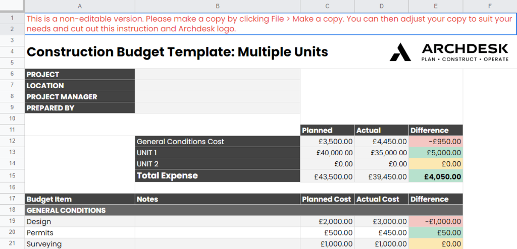 Multi Unit Construction Budget Template