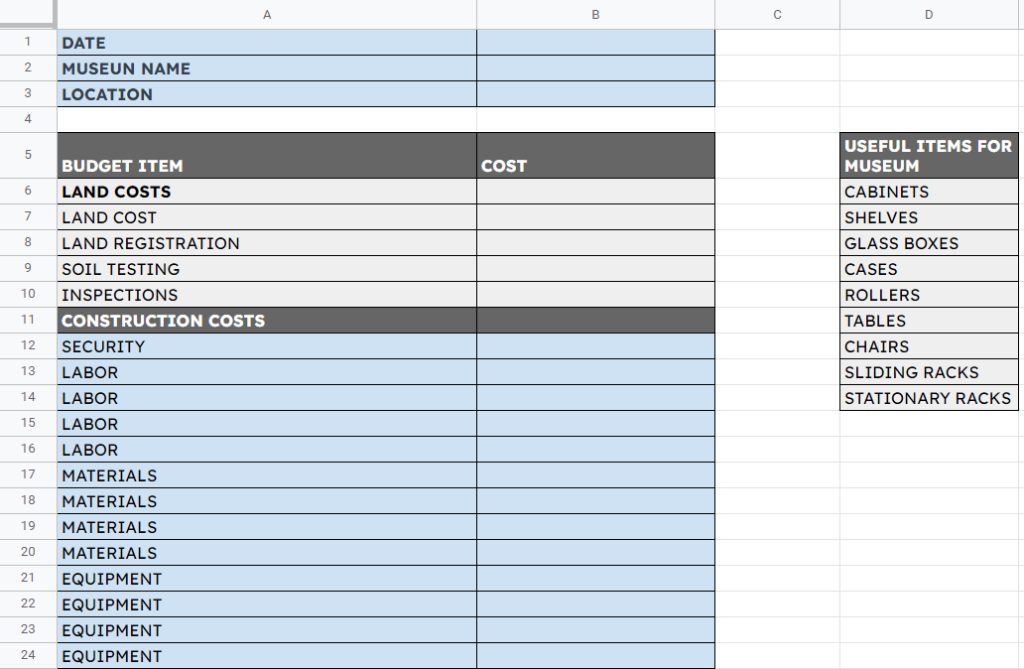 Museum Construction Project Budget Template