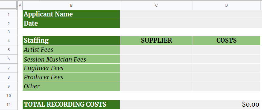 Music Production Budget Template