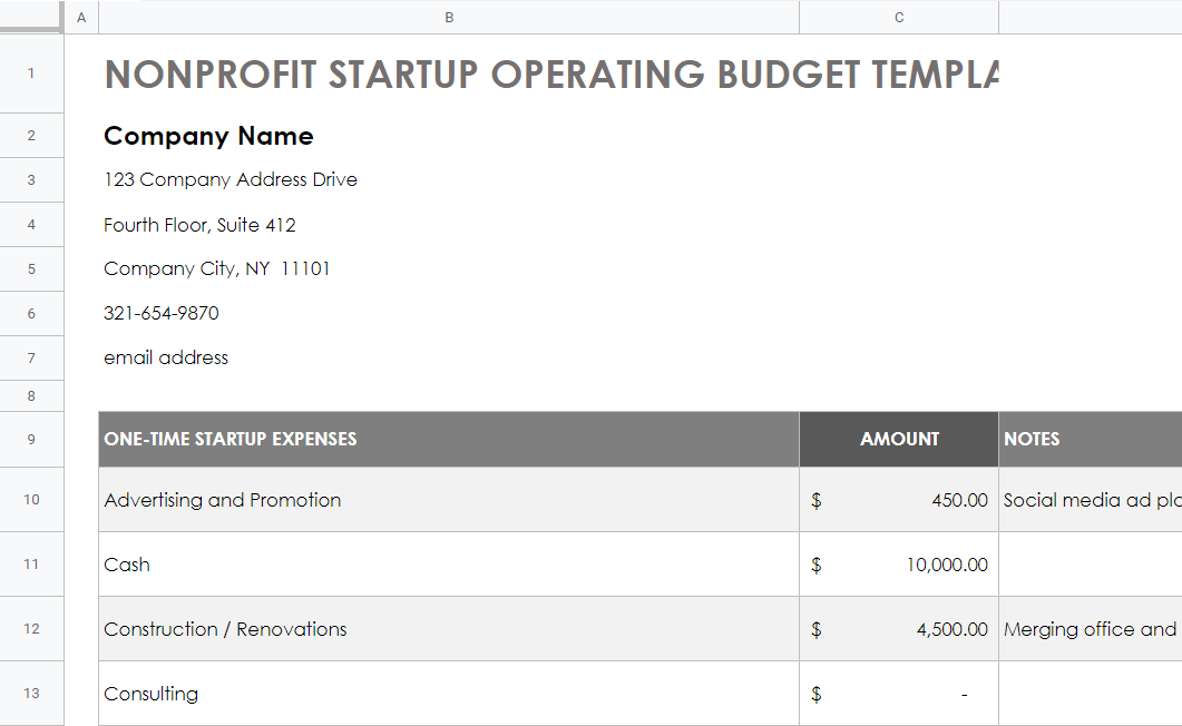 Nonprofit Startup Budget Template