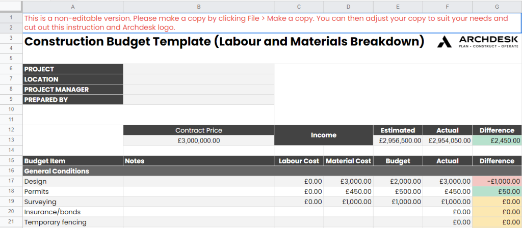 Office Construction Budget Template