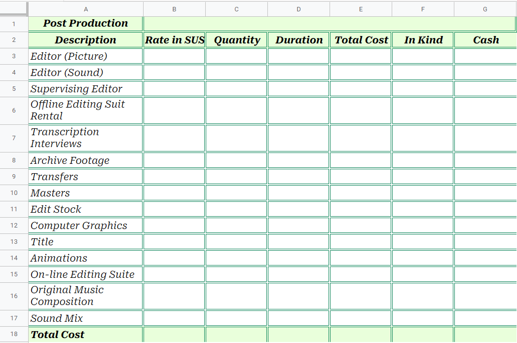 Post Production Budget Template