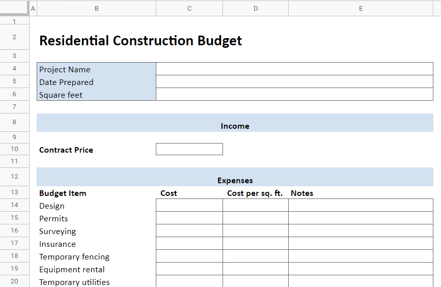 Residential Construction Budget Template