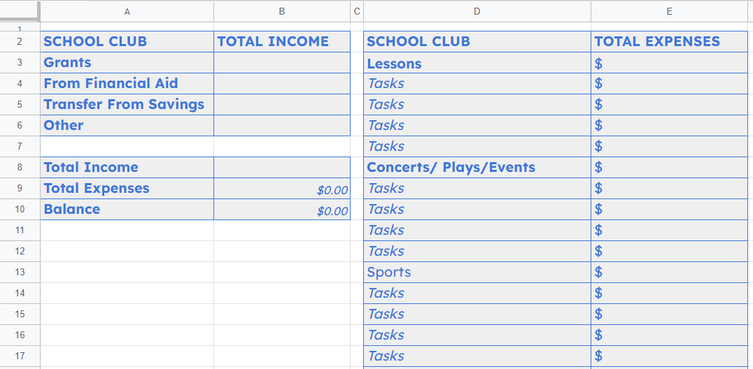 School Club Budget Template