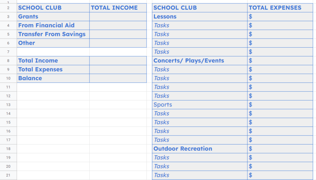 School Club budget Template