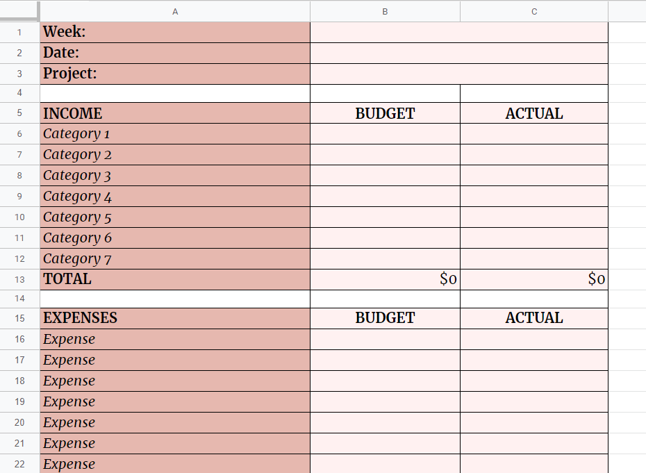 Small Business Weekly Budget Template