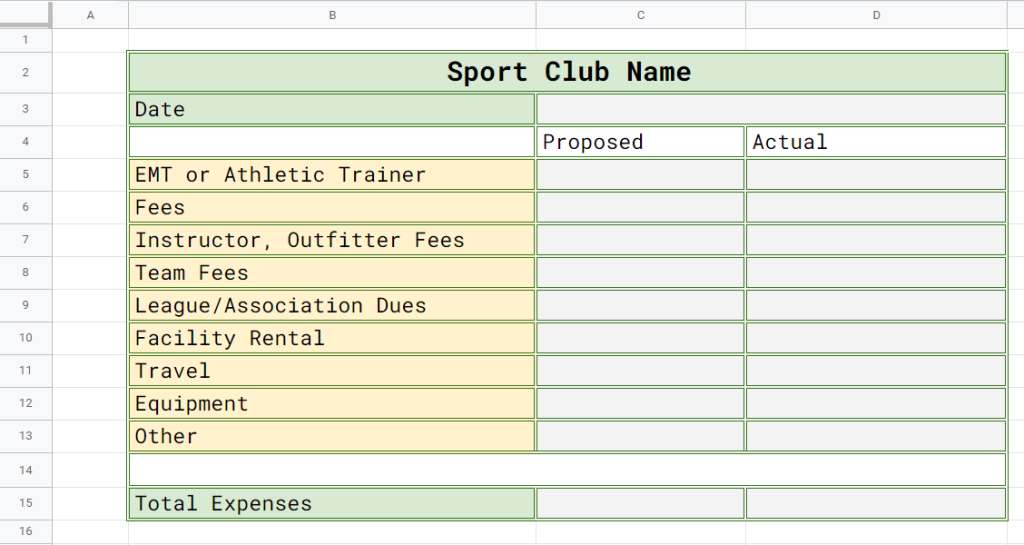 Sport Club Budget Template