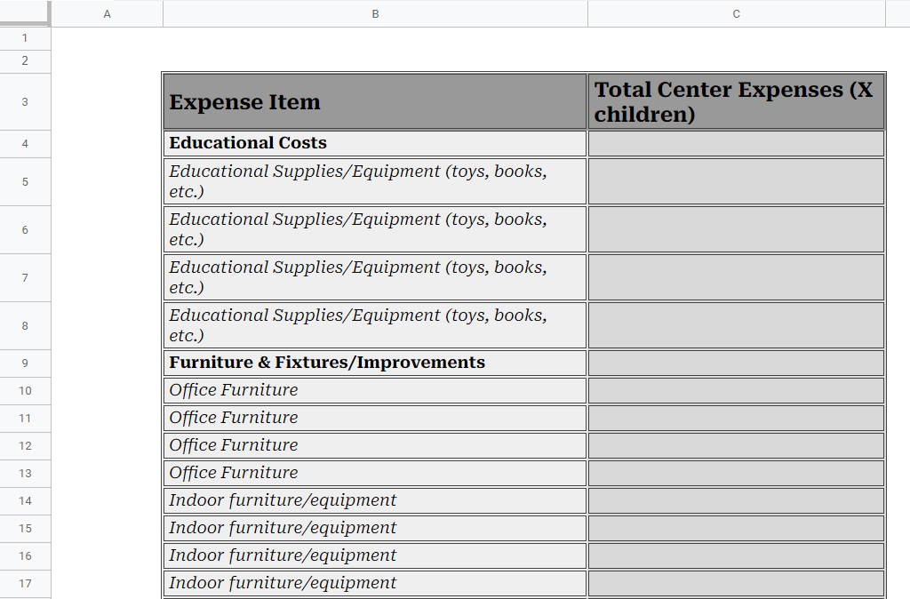 Startup Budget Childhood Education Center Template