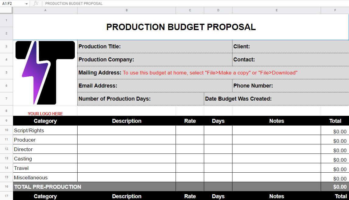 TV Production Budget Template