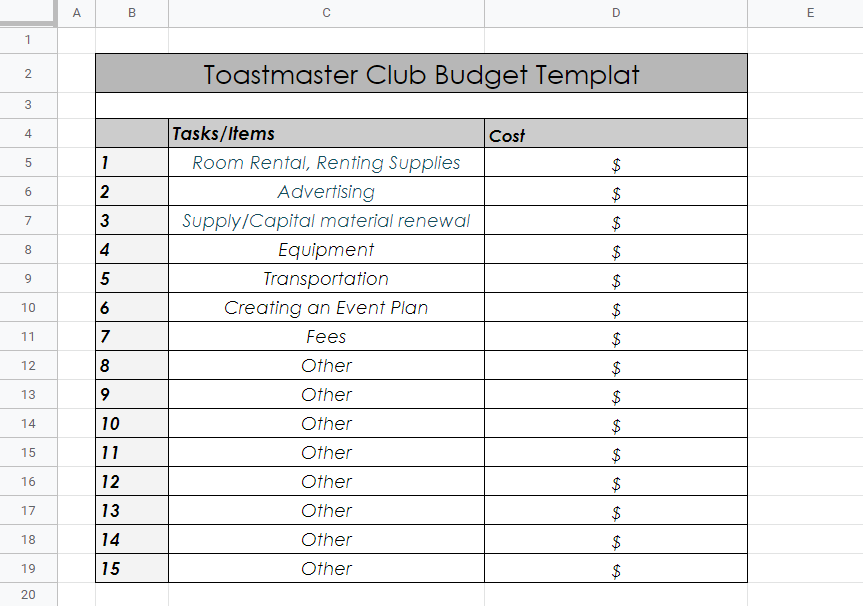 Toastmaster Club Budget Template