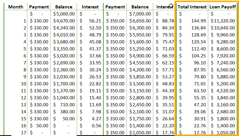 Total Interest and Loan Payout Columns