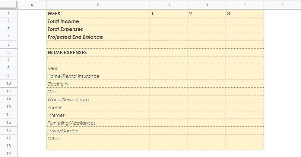 Weekly Home Budget Template