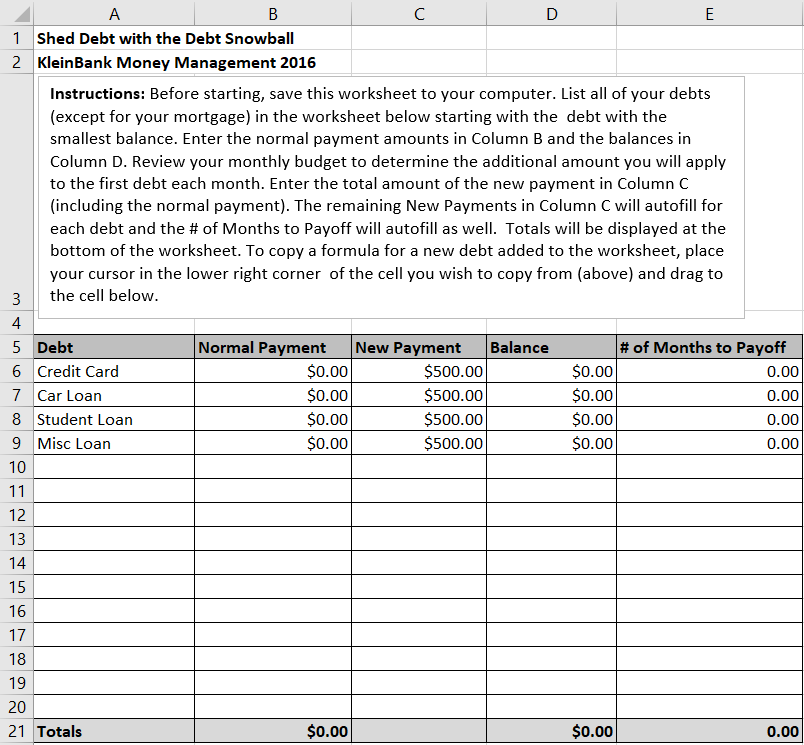 Debt Snowball Worksheet from Template LAB for Excel
