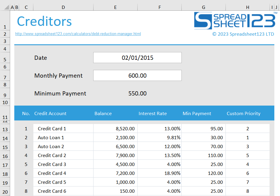 Debt Spreadsheet from Spreadsheet123 for Excel