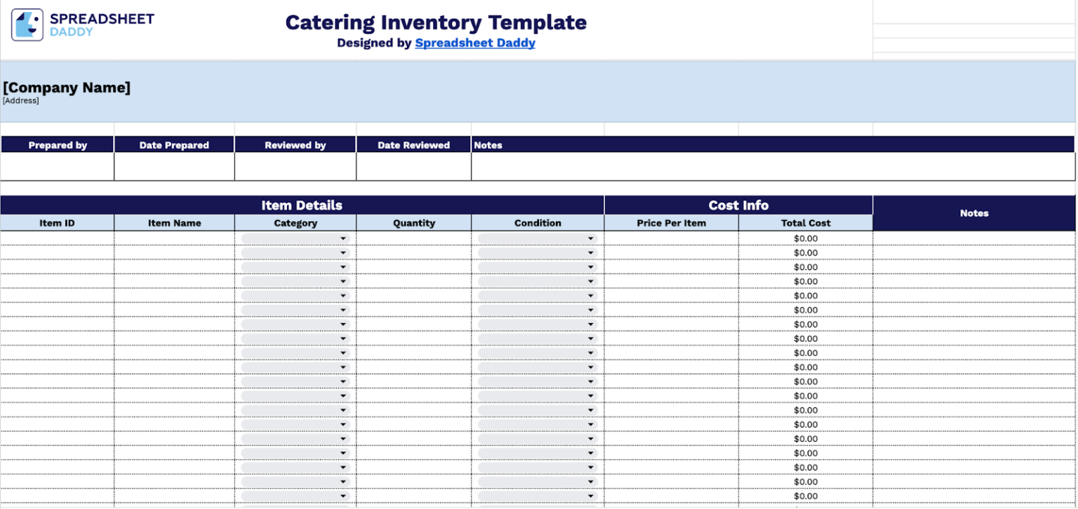 Free☝️ Catering Inventory Spreadsheet Template (Google Sheets, Excel ...