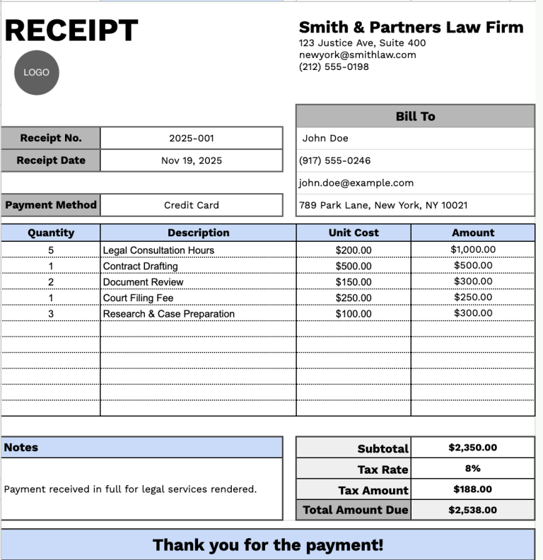 Freeôÿø å Law Firm Receipt Template Google Sheets Excel Word Google