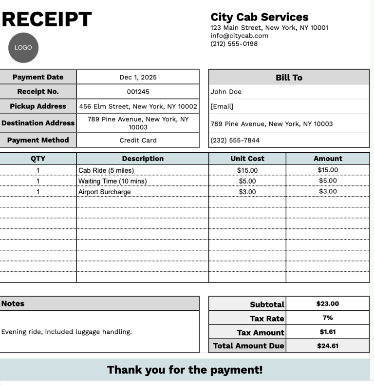 Free☝️ Cab Receipt Template (Google Sheets, Excel, Word, Google Docs ...