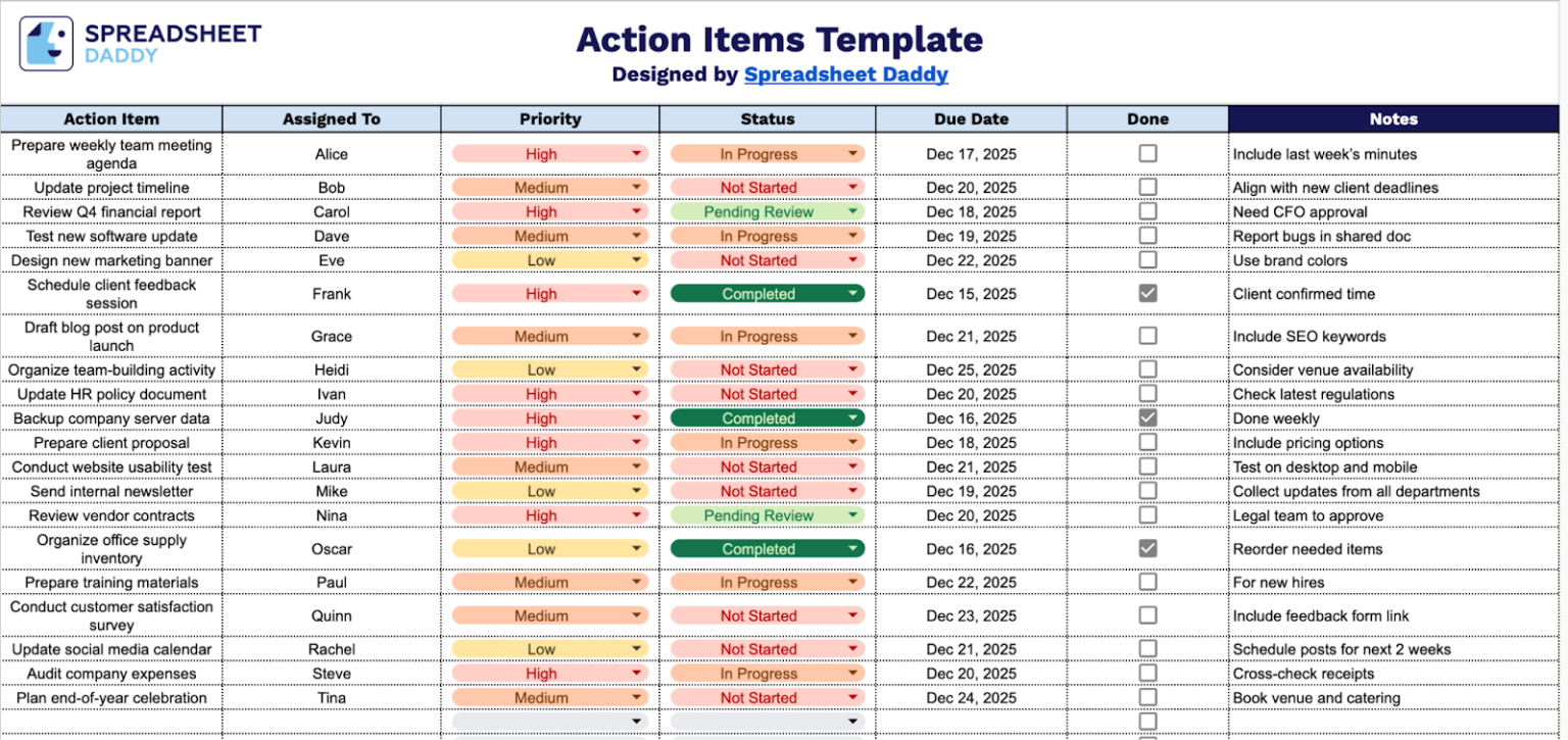 Free☝️ Action Items Template (Google Sheets, Excel, & PDF Downloads)