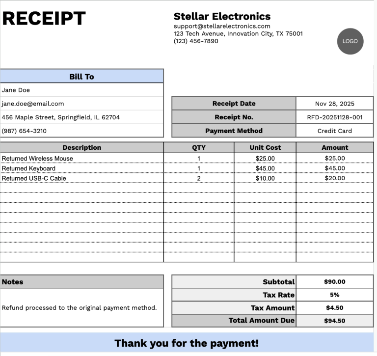 Free☝️ Refund Receipt Template (Google Sheets, Excel, Word, Google Docs ...
