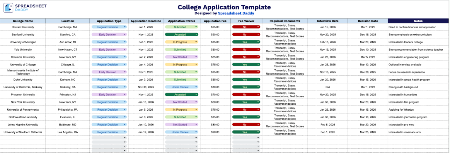 Free☝️ College Application Template (Google Sheets, Excel, & PDF Downloads)
