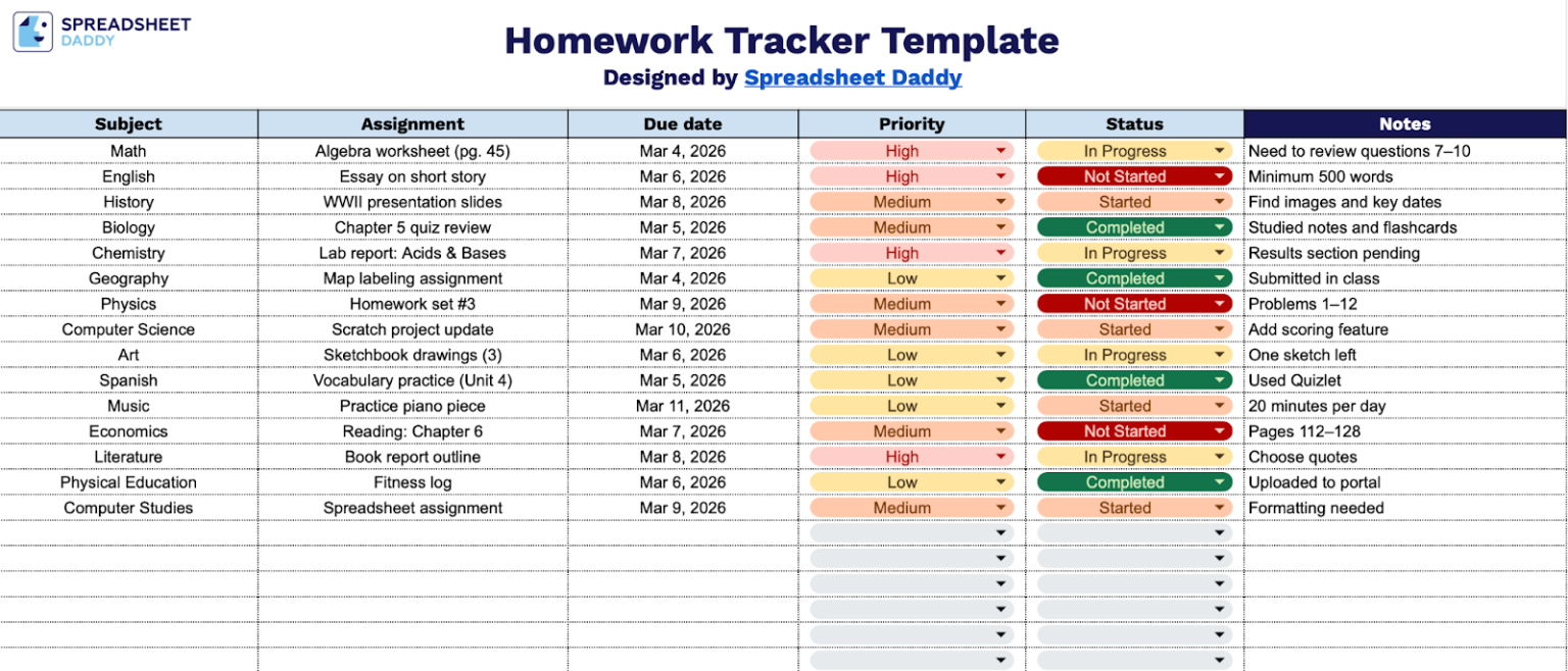 Free☝️ Homework Tracker Template (Google Sheets, Excel, & PDF Downloads)