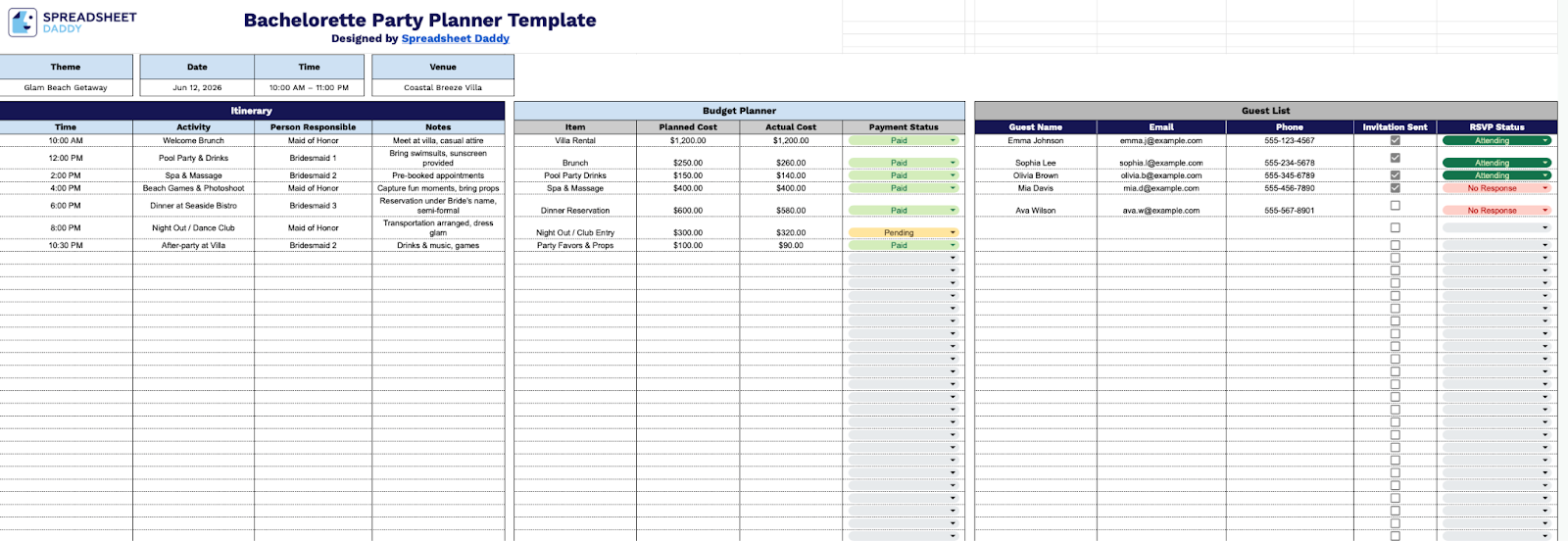 Free☝️ Bachelorette Party Planner Template (Google Sheets, Excel, & PDF
