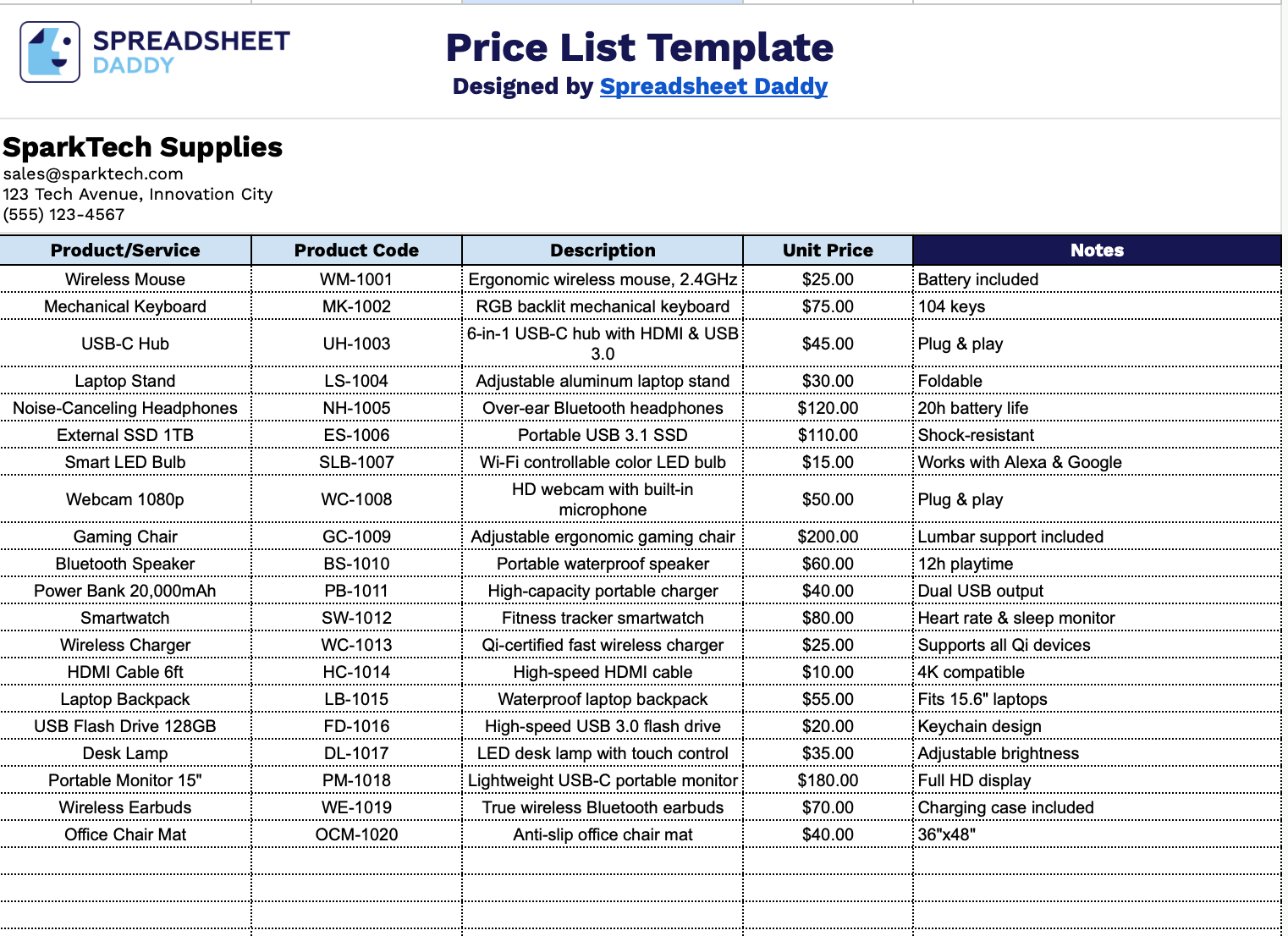 Free Price List Template Google Sheets Excel PDF Downloads 