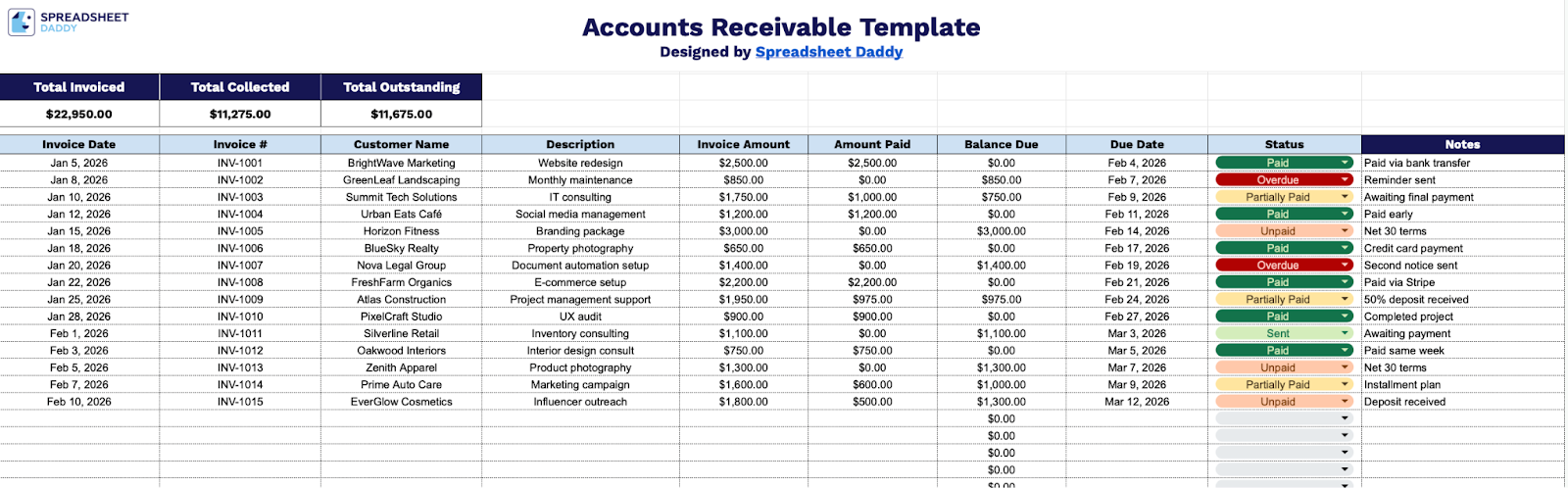 Free☝️ Accounts Receivable Template (Google Sheets, Excel, & PDF Downloads)