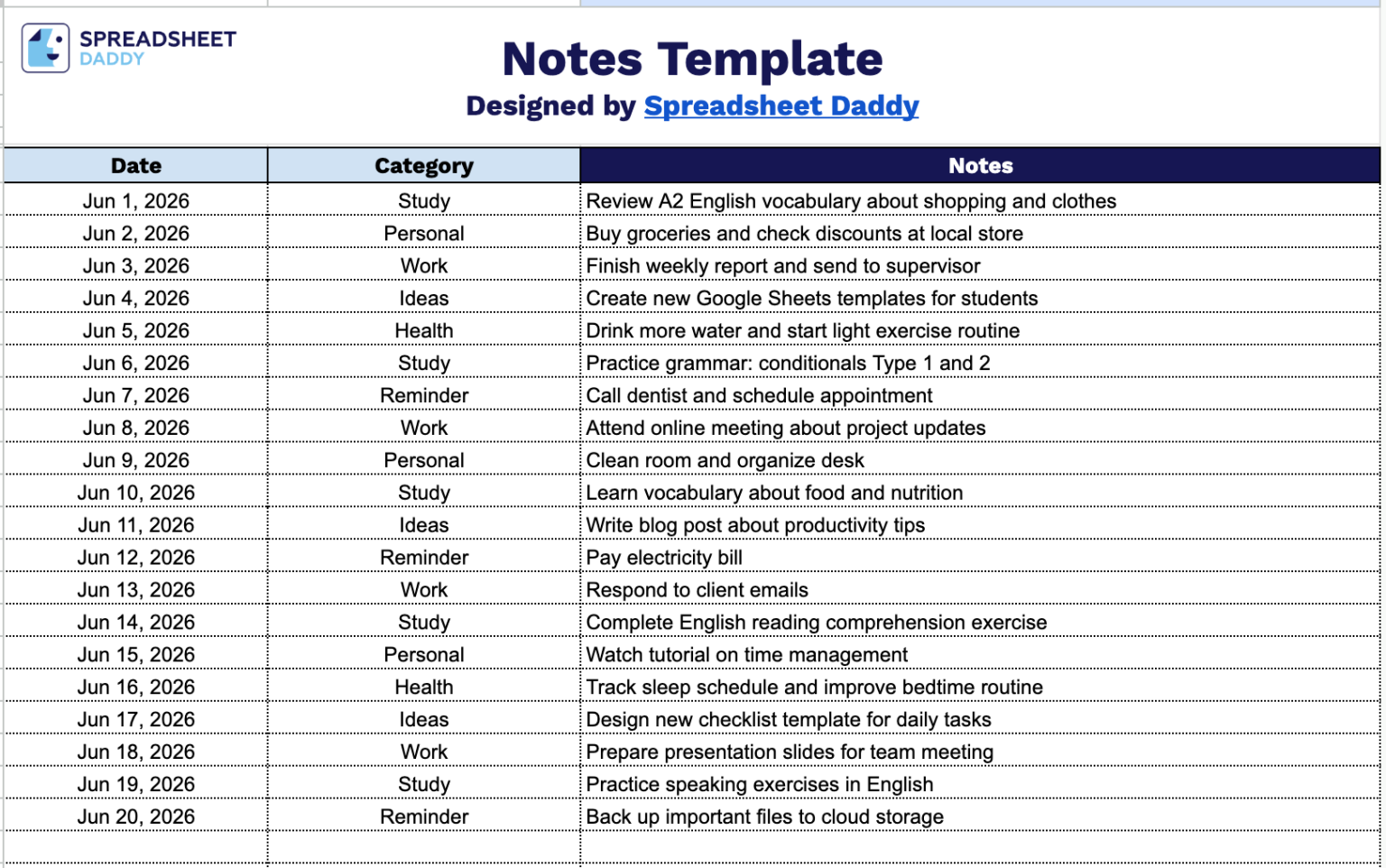 Free☝️ Notes Template (Google Sheets, Excel, & PDF Downloads)