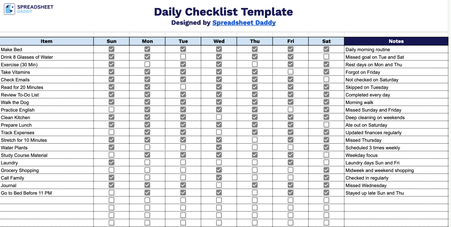 Free☝️ Daily Checklist Template (Google Sheets, Excel, & PDF Downloads)