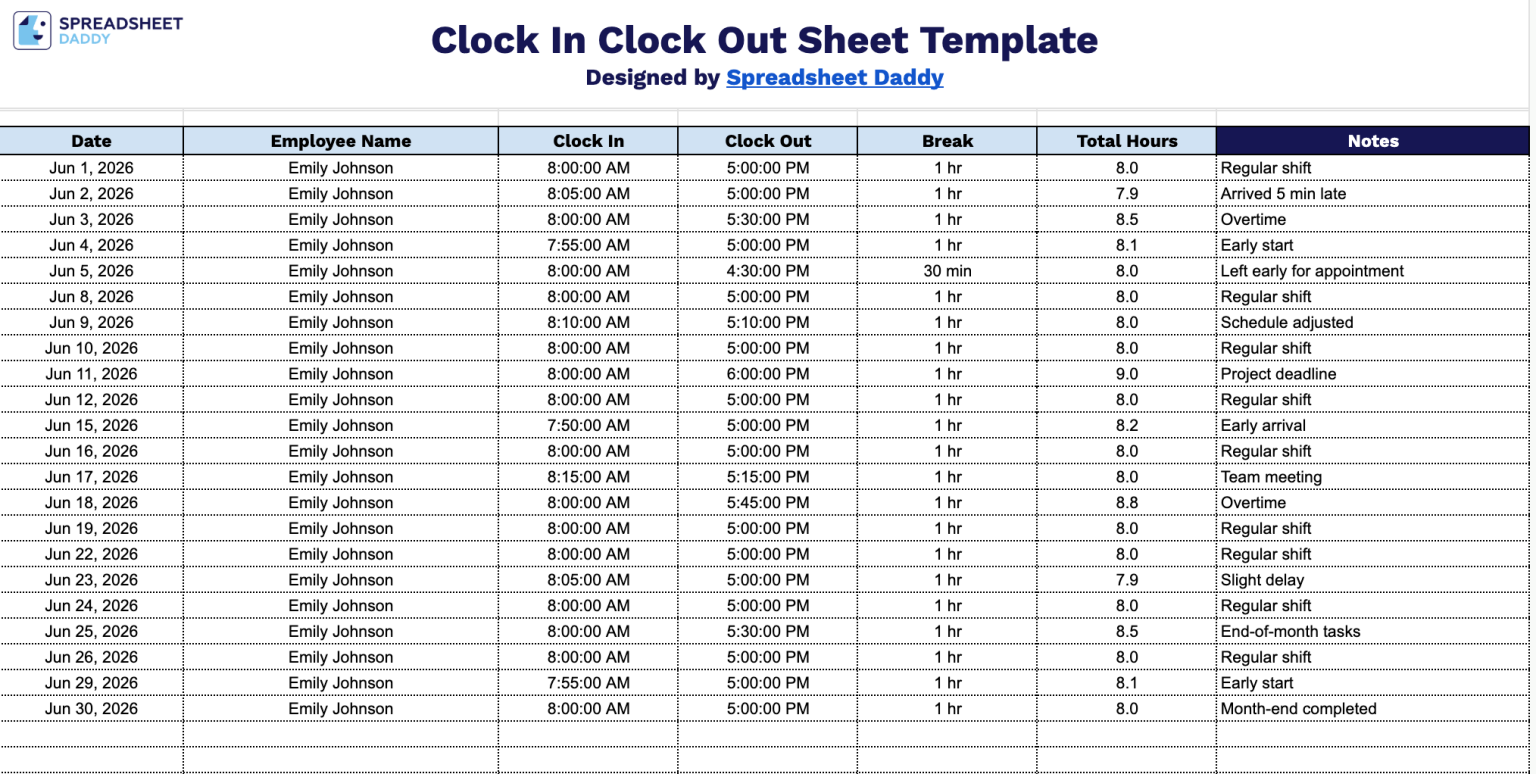Free☝️ Clock-In/Clock-Out Sheet Template (Google Sheets, Excel, & PDF ...