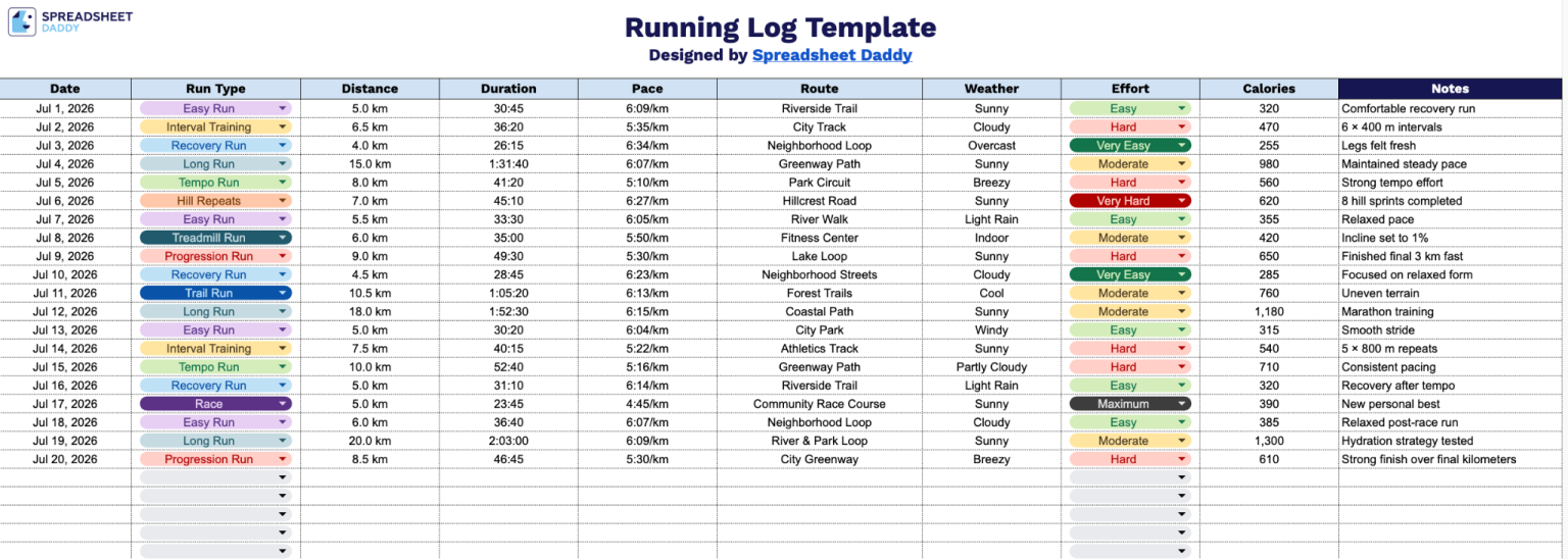 Sample Training Matrix Pdf Free☝️ Running Log Template (Google Sheets, Excel, & PDF Downloads)