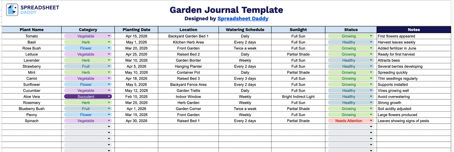 Free☝️ Garden Journal Template (Google Sheets, Excel, & PDF Downloads)
